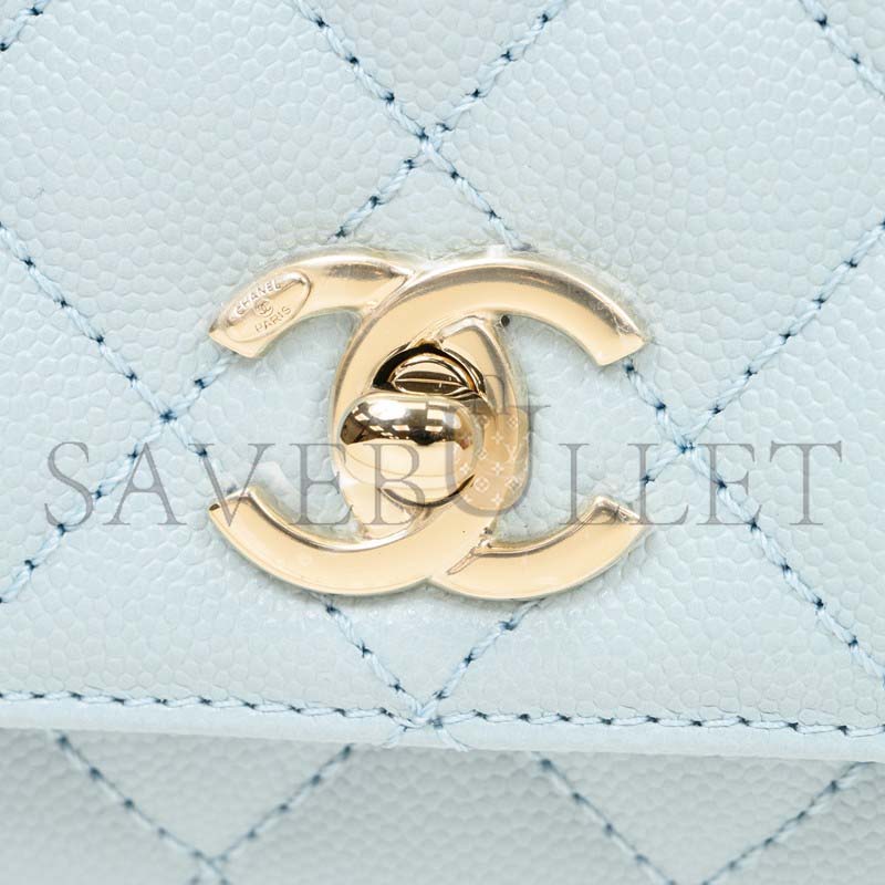 CHANEL LIGHT BLUE CAVIAR LEATHER HANDBAG AS2215 (18*13*9cm)